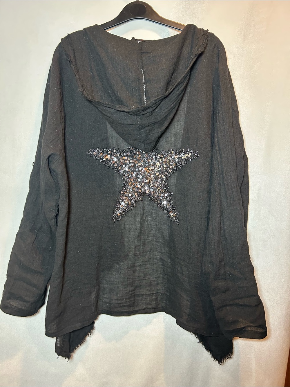 Elissia Linen Blend Hooded Star Sequin Open Front Cardigan Made in Italy S/M